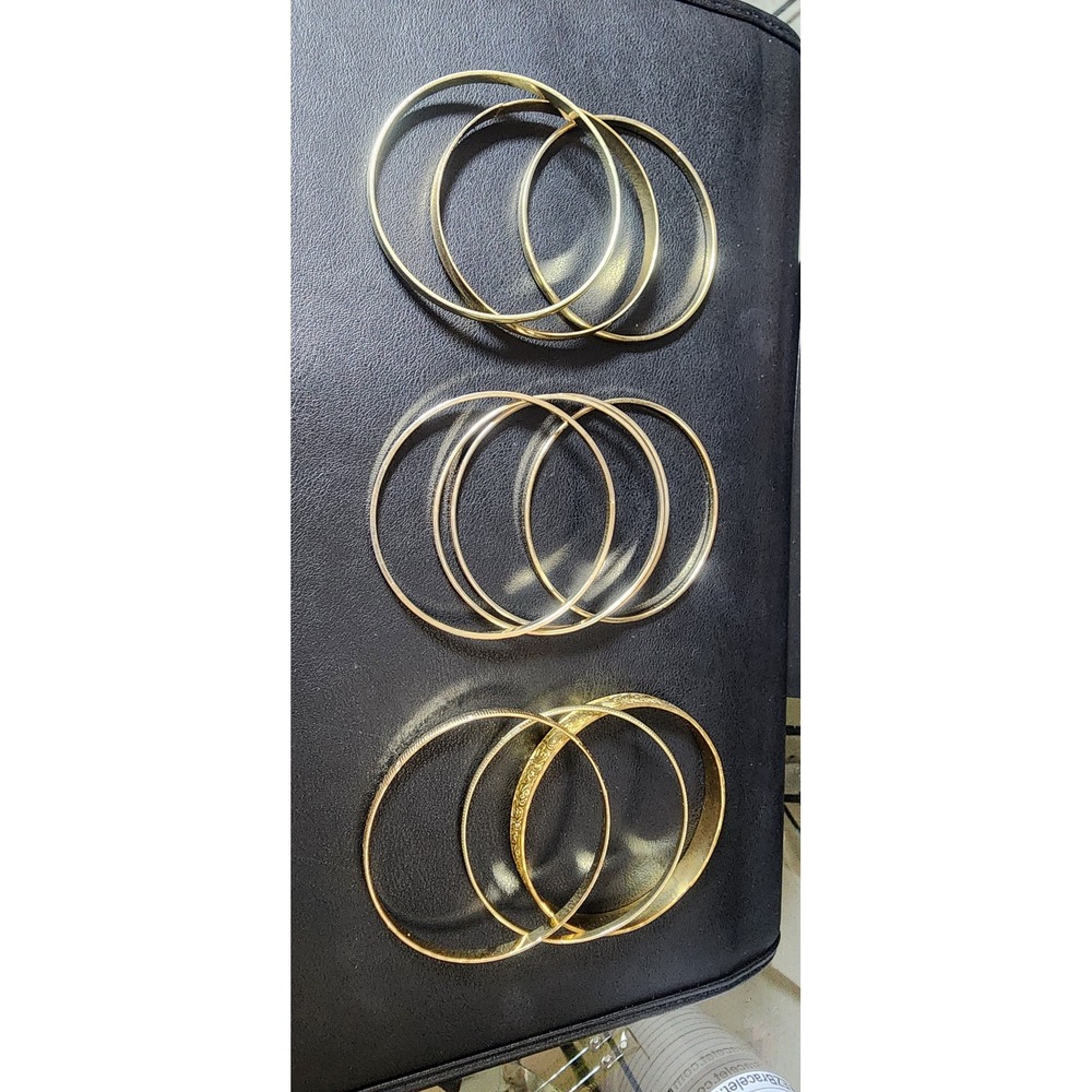 Vintage Gold Tone Bangle Bracelet Set Stackable Etched Floral Smooth 9pc Lot
